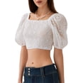 thumbnail image 1 of Gupgi Women's Off Shoulder Cropped Tops Lace Embroidery Short Puff Sleeve Show Navel T-Shirts, 1 of 8