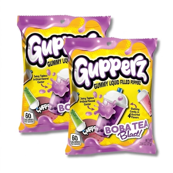 Gupperz Boba Tea Blast Gummy Liquid Filled Candy, Assorted Flavors, 2.54 oz Bags, Pack of 2