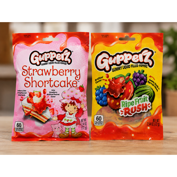 Tasty Novelties Gummy Liquid Filled Popperz Candy Strawberry Shortcake Ripe Fruit Rush Flavor Chewy Shelf-Stable 2 Pack 2.5 Inch