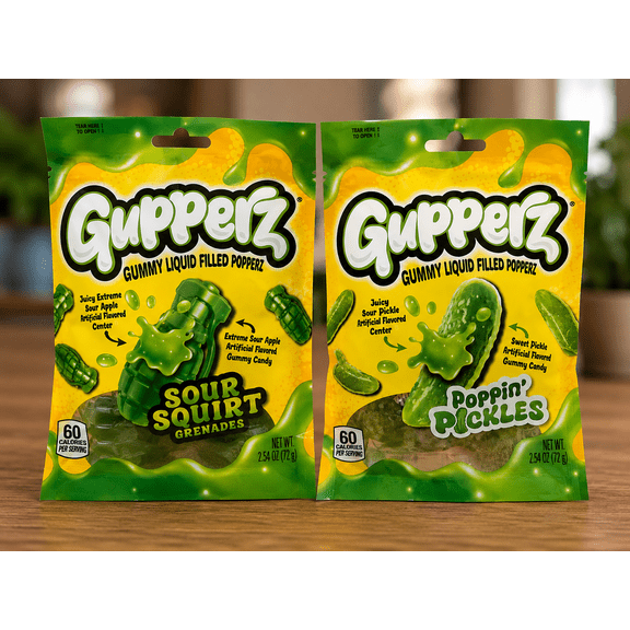 Gupperz Gummy Liquid Filled Popperz Variety Pack Sour Squirt Grenades & Poppin Pickles 2 Pack, 1 of Each 2.54 oz Bags