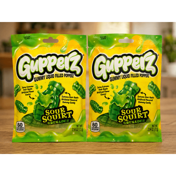 Gupperz Sour Squirt Grenades Gummy Liquid Filled Popperz Extreme Sour Apple Candy 2.54 oz Bags, 2 Pack