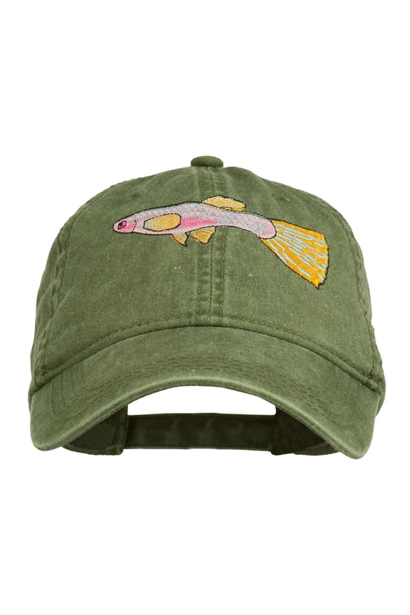 Guppy Fish Embroidered Washed Cap - Olive Green OSFM