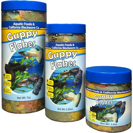 Guppy Flakes, for Guppies, Endler Guppies, Mollies, Platys, Swordtail Fish, All Live Bearer Tropical Fish, Wafer & Pellet Mix Included 2.65oz Canister