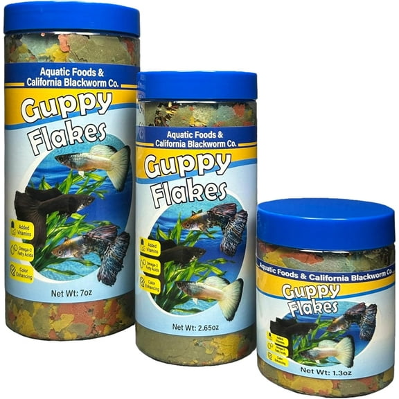 Guppy Flakes, for Guppies, Endler Guppies, Mollies, Platys, Swordtail Fish, All Live Bearer Tropical Fish, Wafer & Pellet Mix Included 7oz Canister