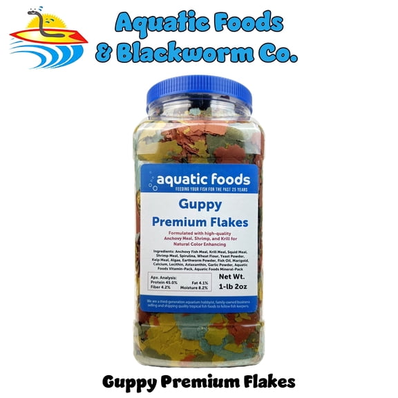 Guppy Premium Flake Mix for Guppies, All Tropicals. Aquatic Foods Premiun Flakes1-lb 2oz Lg Jar