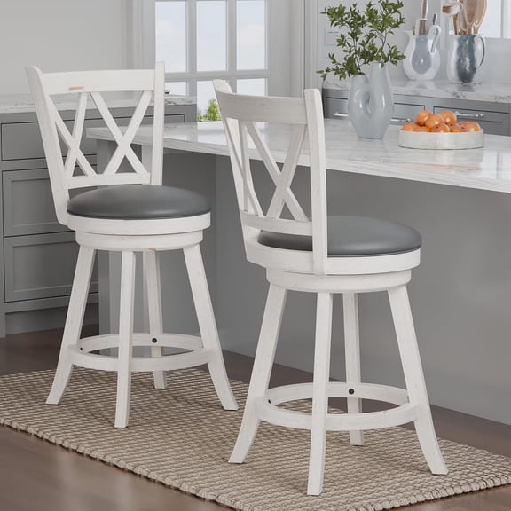 Guqiart 2‑Pack 24 Inch X‑Back Swivel Bar Stools, Solid Wood Counter Height Stools with Cushioned Seat and Backrest, White
