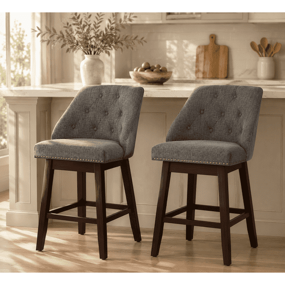 Guqiart 26" Swivel Counter Height Bar Stools Set of 2, Upholstered Tufted Bar Chairs with Wood Legs & Footrest for Kitchen Island, Gray