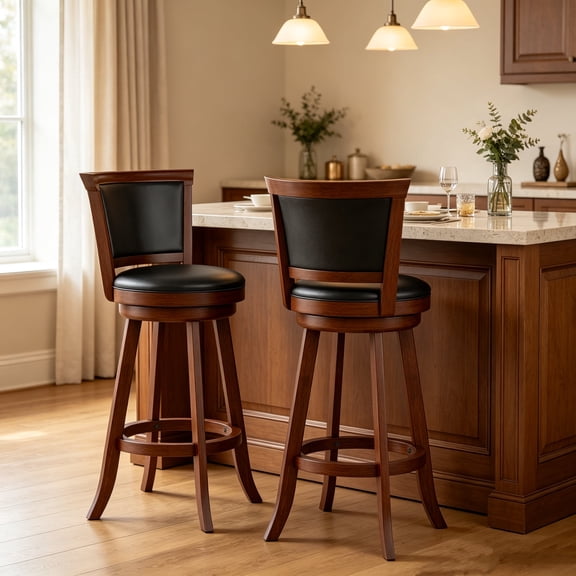 Guqiart 29" Counter Height Swivel Bar Stool, Wood Barstool with Chestnut Finish & Black Faux Leather for Home Kitchen Bar, Brown