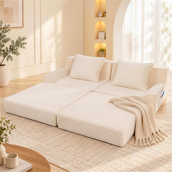 Guqiart 8-in-1 Sofa Bed, 78" Modular Sleeper Sofa, Love Seat with Fold Out Bed & Deep Seating, Includes 2 Pillows, Beige