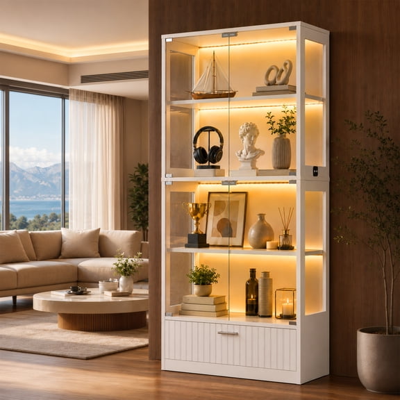 Guqiart Display Cabinet with Glass Doors, 4-Tier Curio Cabinet with Drawer, 7RGB Color LED Lights & Motion Sensor, Storage Display Case for Collectibles, White
