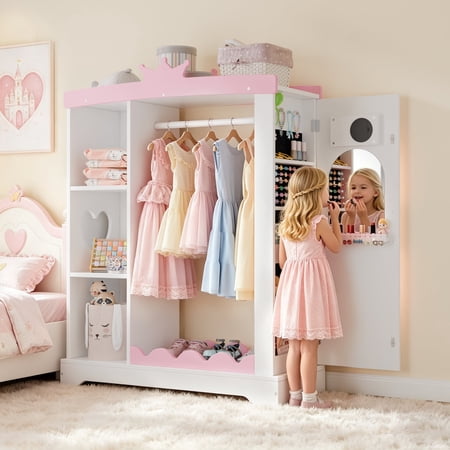 Guqiart Girls Princess Dress-Up Armoire Wardrobe with Mirror, Jewelry Cabinet & Storage Shelves, Kids Clothes Storage Organizer Closet for Bedroom & Kids Room