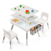 Guqiart Kids 3-Piece Adjustable Height, Large Storage, 2-in-1 Flip-Top, Sensory Play Activity Table and Chair Set, White / Gray