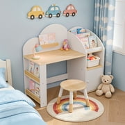 Guqiart Kids Wooden Desk and Chair Set with Storage Cabinet & Bookshelf, Study Table with Stool for Ages 3-8