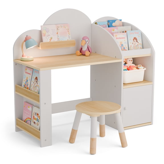Guqiart Kids Desk and Chair Set with Storage Cabinet & Bookshelf, Wooden Study Table with Stool for Ages 3-8