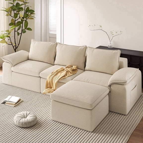 Guqiart L-Shaped Cloud Couch Sectional Sofa, 104" Convertible Modular Deep Seat with Double-Layer Cushion & Headrest - for Living Room, Cream Beige