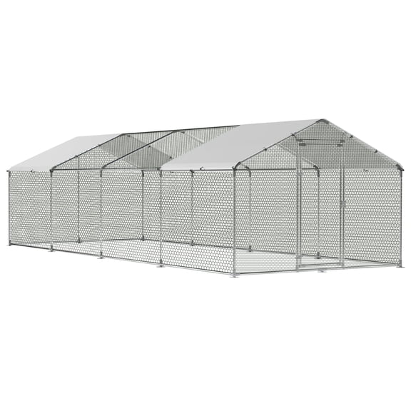 Guqiart Large Metal Chicken Coop, Walk-in Chicken Run with Tri-Supporting Wire Mesh, Waterproof & Anti-UV Cover, Spire Roof Outdoor Cage for Chicken Duck Rabbit, 10’ W x 26.2’ L x 6.5’ H