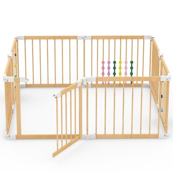 Guqiart Wooden Baby Playpen with Locking Gate & Interactive Toys, Adjustable Kids Play Yard for Indoor Use, 58"58"24", Track Panel