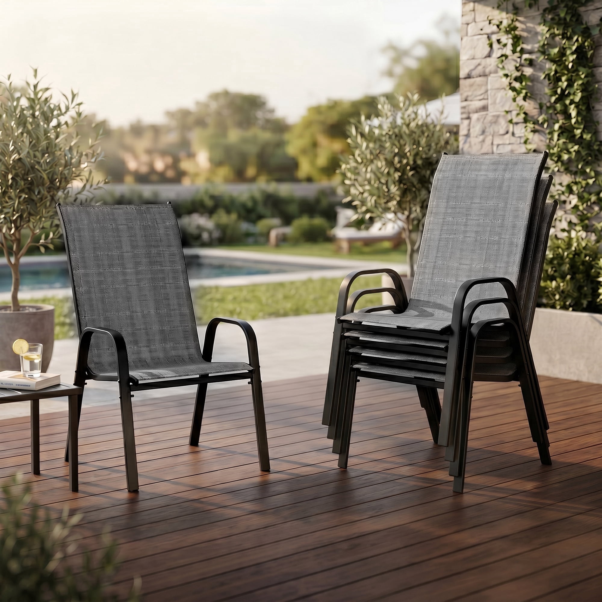 Guqiart Patio Chairs Set of 6, Stackable Outdoor Dining Chairs, All-Weather Textilene, Metal Frame, 350 lbs Capacity