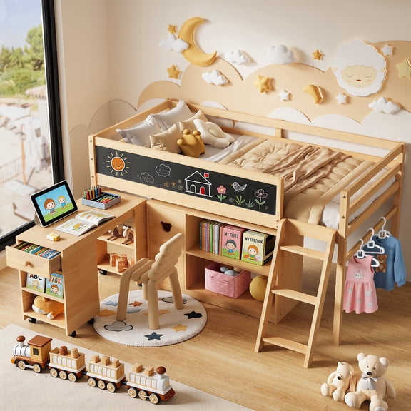 Guqiart Solid Wood Twin Low Loft Bed for Kids, Multi-Functional Loft Bed with Moveable Desk, Storage Cabinet, Chalkboard, Space Saving Kids Bed for Small Bedrooms, No Box Spring Required