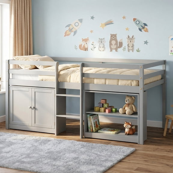 Guqiart Twin Low Loft Bed for Kids with Lights, Modern Toddler Loft Bed for Boys Girls,Safety Guardrail, Bookcase Storage & Play Space