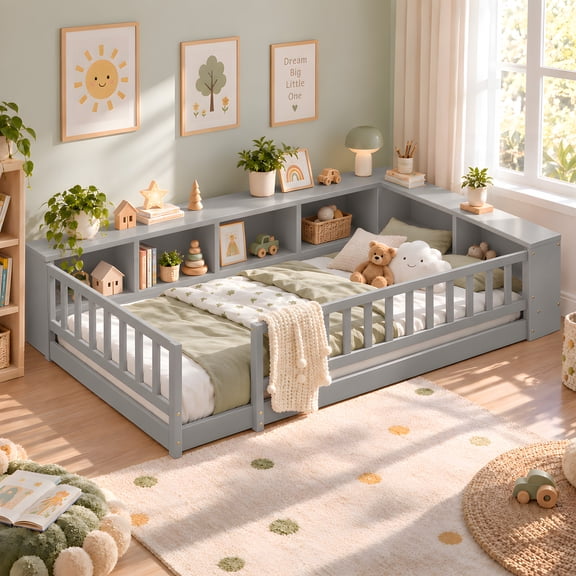 Guqiart Twin Montessori Floor Bed for Kids, Wooden Toddler Bed Frame with Safety Guardrails, Built-in Bookcase Storage Shelves, Low Profile Platform Bed for Children, Gray