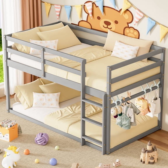 Guqiart Twin Over Twin Low Floor Bunk Bed with Ladder & Full Guardrails, Solid Wood Bunk Bed,Gray