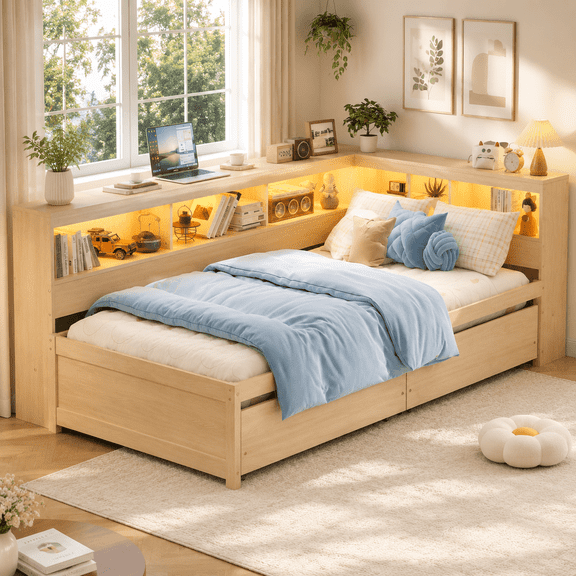 Guqiart Twin Size L-Shaped Corner Bed Frame with Bookcase Headboard, LED Lights & Charging Station, Captain Bed with Storage Drawers and Shelves, Wood Platform Daybed for Bedroom Living Room, Natural
