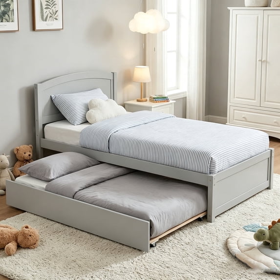 Guqiart Twin Size Trundle Bed Frame, Solid Wood Construction with Headboard, Roll Out Trundle & Wood Slat Support, Single Platform Bed No Box Spring Needed