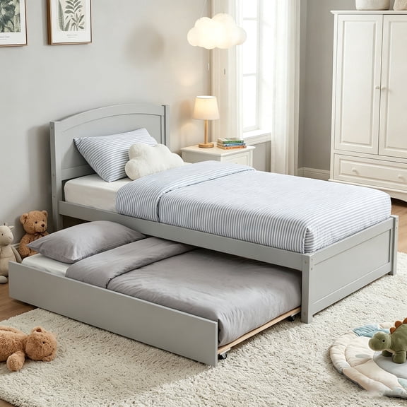 Guqiart Twin Size Trundle Bed Frame, Solid Wood Construction with Headboard, Roll Out Trundle & Wood Slat Support, Single Platform Bed No Box Spring Needed