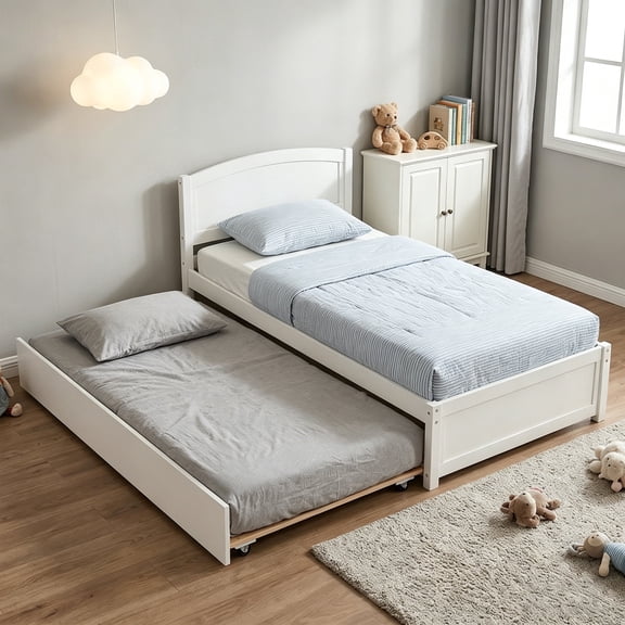 Guqiart Twin Size Trundle Bed Frame, Solid Wood Construction with Headboard, Roll Out Trundle & Wood Slat Support, Single Platform Bed No Box Spring Needed