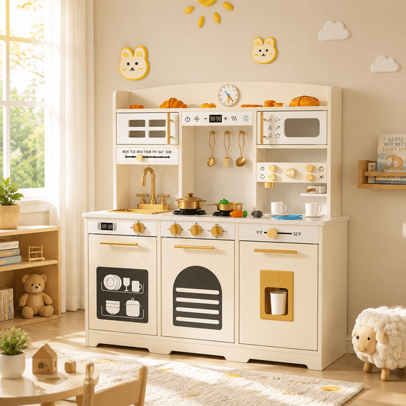 Guqiart Wooden Kids Play Kitchen Set, Toddler Pretend Play Cooking Set with 24 Accessories, Realistic Appliances & Storage for Boys & Girls, White