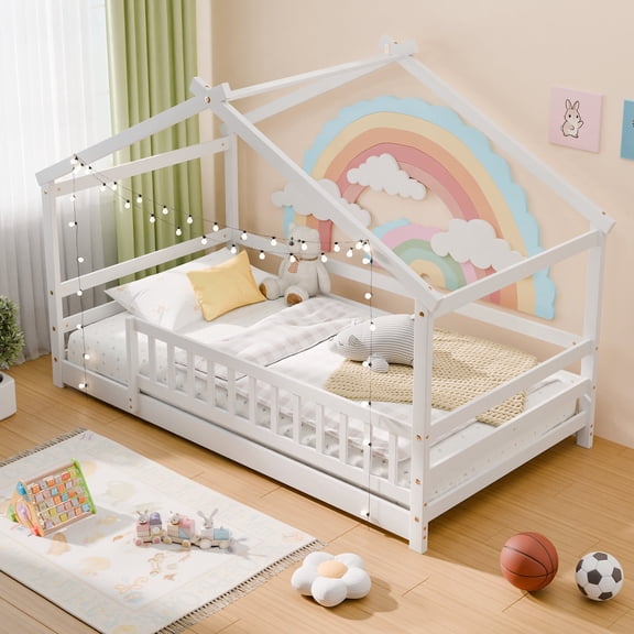 Children With Rabbit Full Size Upholstered Floor Bed for Kids, Low-Profile Teddy Fabric ...