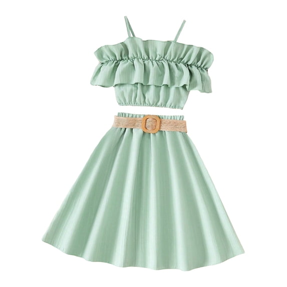 Gureui 2PCS Kid Girls Summer Clothes Off Shoulder Spaghetti Strap Crop Tops + Belted Skirt Set Kid Spring Outfits