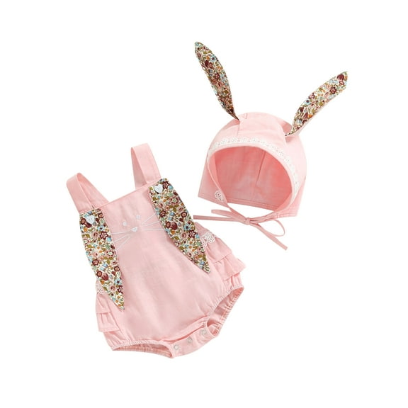 Gureui 2Pcs Infant Newborn Baby Girls Casual Romper Sleeveless Floral Print Bunny Ear Playsuit with Cartoon Hat Streetwear
