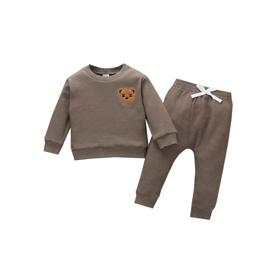 Gureui 2Pcs Kids Baby Boys Clothes Set, Round Neck Long Sleeve Embroidered Bear Patch Tops Elastic Waist Long Pants Outfit Set