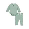 thumbnail image 1 of Gureui 2Pcs Toddler Baby Girls Boys Spring Autumn Outfits, Casual Solid Color Henley Neck Long Sleeve Romper + Elastic Waist Pants,0-24 Months, 1 of 8