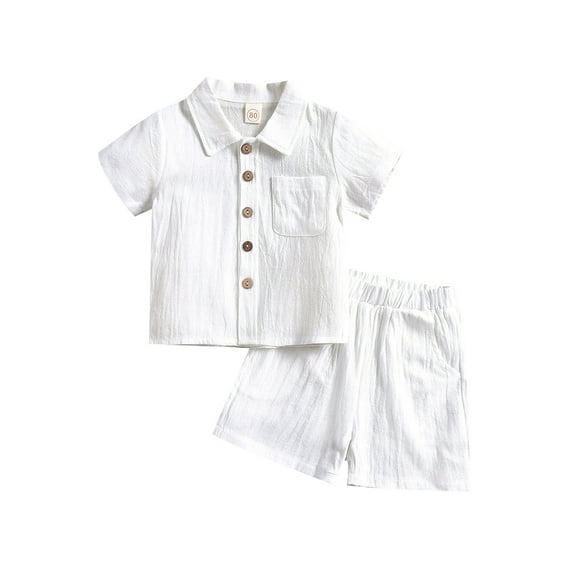 Gureui 2Pcs Toddler Infant Baby Boys Summer Autumn Outfit, Solid Color Lapel Short Sleeve Single-breasted Tops + Shorts Clothes Set