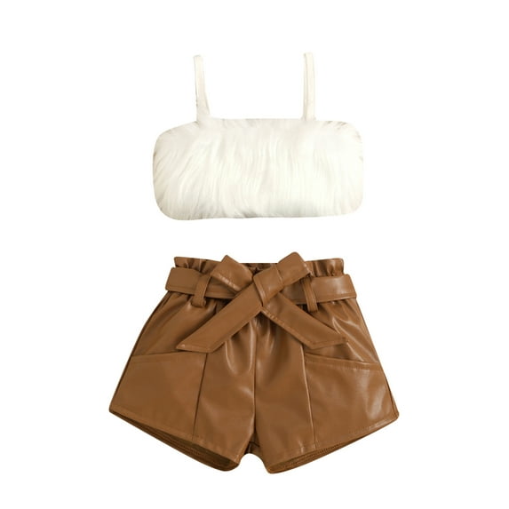 Gureui 2Pcs Toddler Infant Baby Girls Solid Color Outfits,Cropped Fluffy Fur Camisole + Belted Leather Shorts Clothes Set