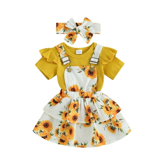 Gureui Baby Girls 3Pcs Spring Outfits Romper + Floral Suspender Skirt + Headband Set Newborn Clothes