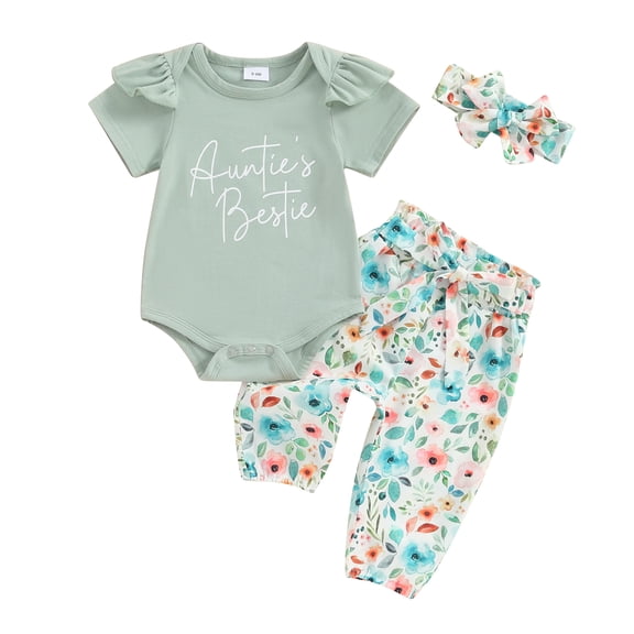 Gureui Baby Girls Summer Outfit, Short Sleeve Letters Print Romper with Flower Pants and Headband