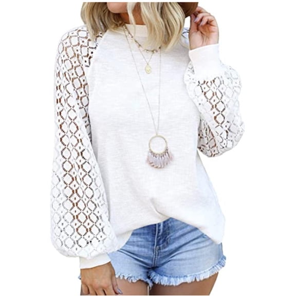 Gureui Elegant Women's Loose T-shirt, Long Sleeve Hollowed Lace Flower Patchwork Solid Color Mock Neck Casual Tops Streetwear