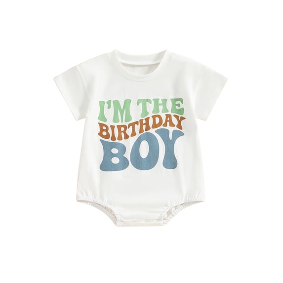 Gureui Infant Baby Boy Birthday Romper Cartoon Letter Print Round Neck Short Sleeve Bodysuit Toddler Tops