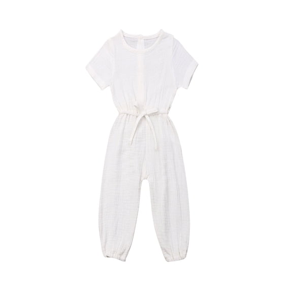 Gureui Infant Newborn Baby Boys Girls Casual One Piece Romper Solid Color Round Neck Short Sleeve Elastic Waist Tie Loose Long Pants Jumpsuit
