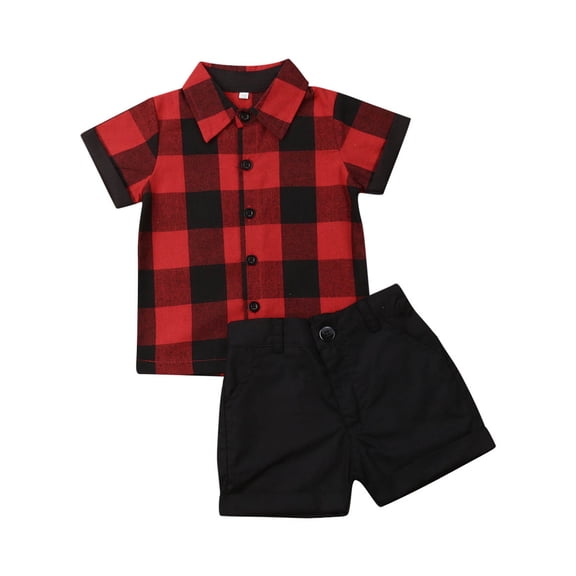 Gureui Kids Baby Boys Casual Summer 2Pcs Clothes Set Short Sleeve Red Plaid Lapel Shirt+Solid Color Shorts Outfits
