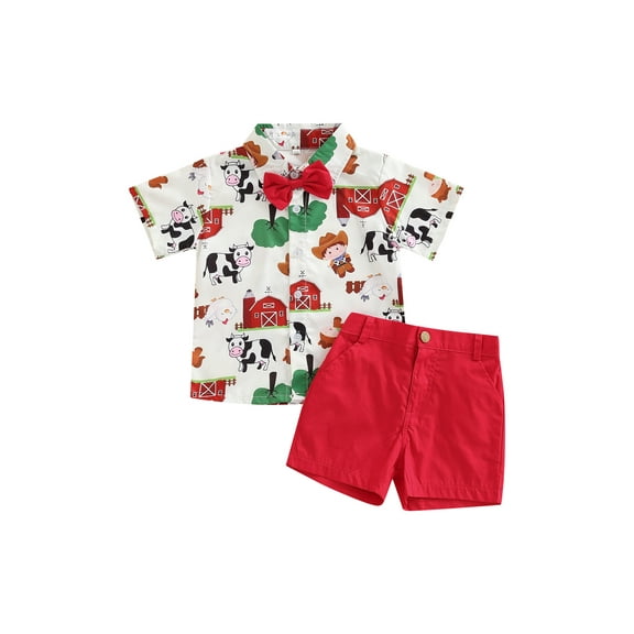 Gureui Kids Baby Boys Outfits, Farm/Circus Cartoon Animal Print Short Sleeve Shirts with Bow Tie + Solid Color Shorts 2Pcs Clothes Set