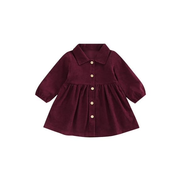 Gureui Kids Baby Girls Corduroy Dress, Long Sleeve Turn-down Collar Button-down Solid Fall Dress
