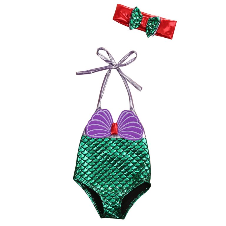 Gureui Kids Baby Girls One Piece Swimsuit Bikini Shellfish Scale Mermaid  Print V-neck Lace-up Swimwear Summer Clothes