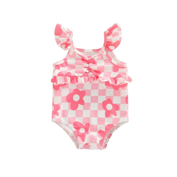 Gureui Kids Baby Girls One Piece Swimsuits Floral Plaid Print Fly Sleeve Jumpsuit Swimwear Beachwear Bathing Suit