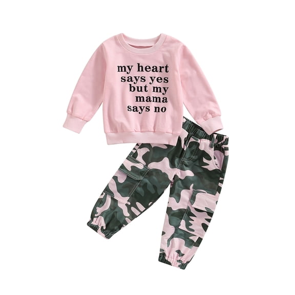Gureui Kids Baby Girls Outfit Set,Letter Print Long Sleeve Pullover Sweatshirt + Camouflage Trouser with Pockets 2Pcs Suits