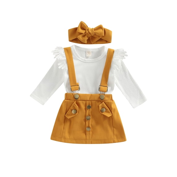 Gureui Kids Baby Girls Romper Suit, Long Sleeve Plain Ribbed Snap Romper + Buckle Straps Suspender Short Skirt + Headband 3Pcs Clothes Set